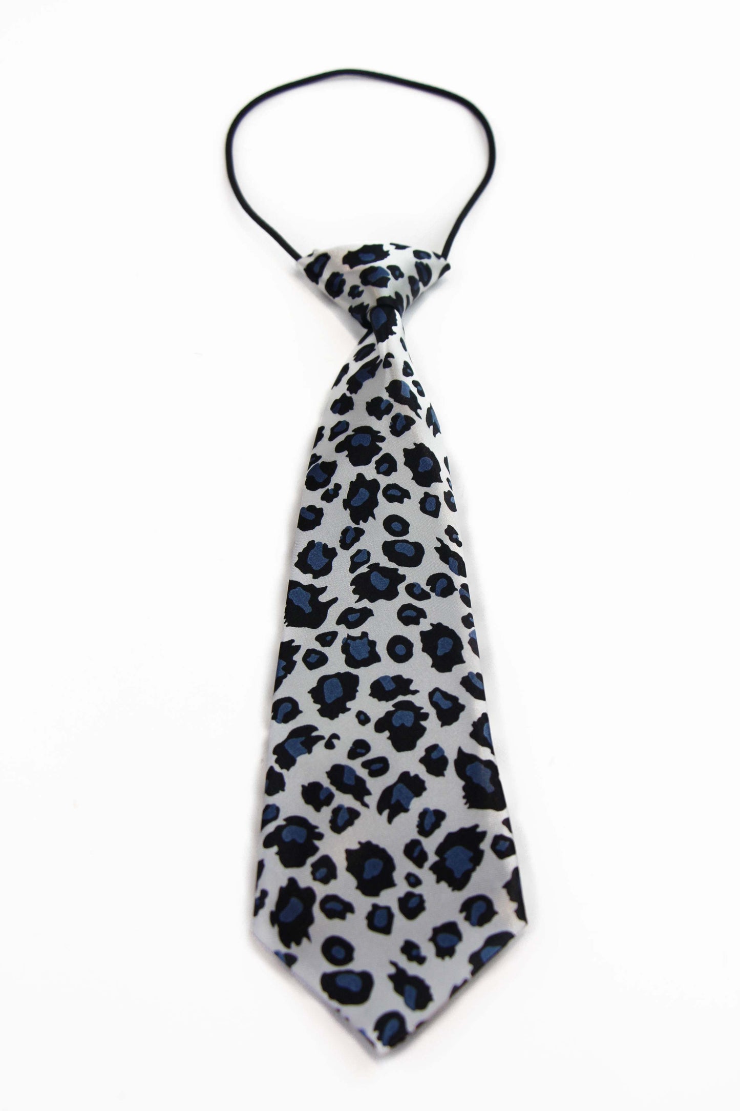 Kids Boys Black & Navy Patterned Elastic Neck Tie - Leopard White