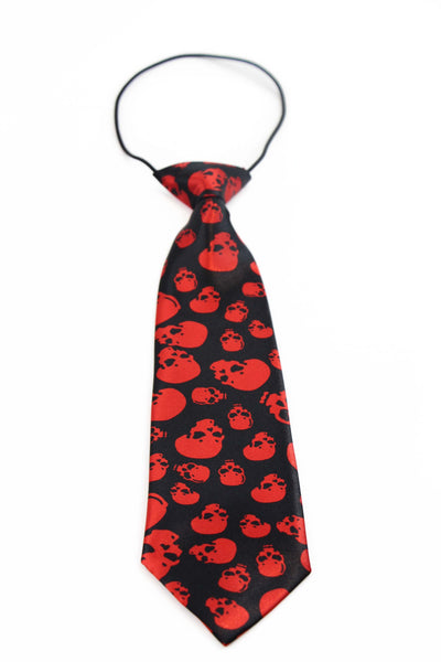 Kids Boys Black & Red Patterned Elastic Neck Tie - Red Skulls