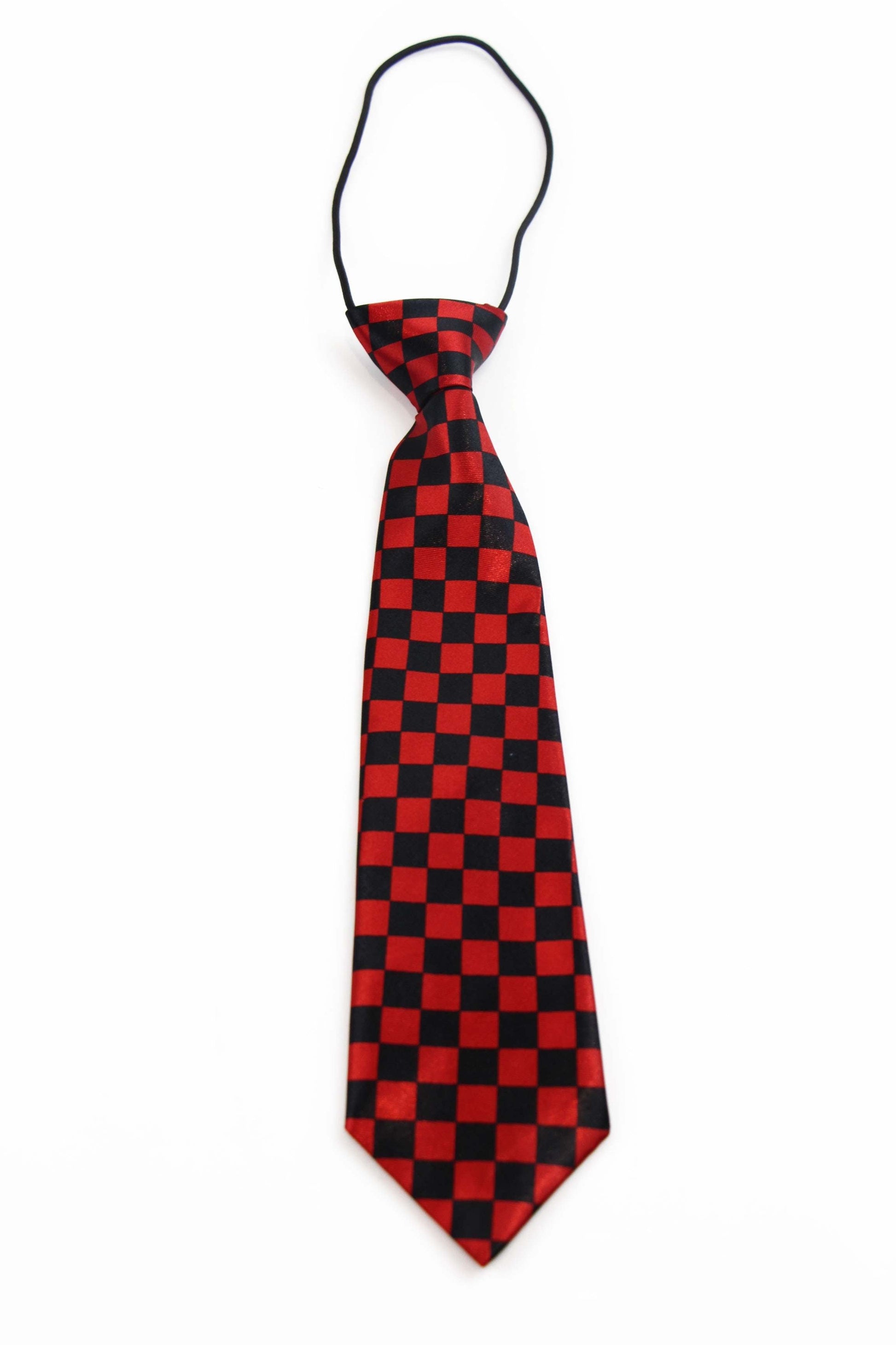 Kids Boys Black & Red Patterned Elastic Neck Tie - Small Checkers