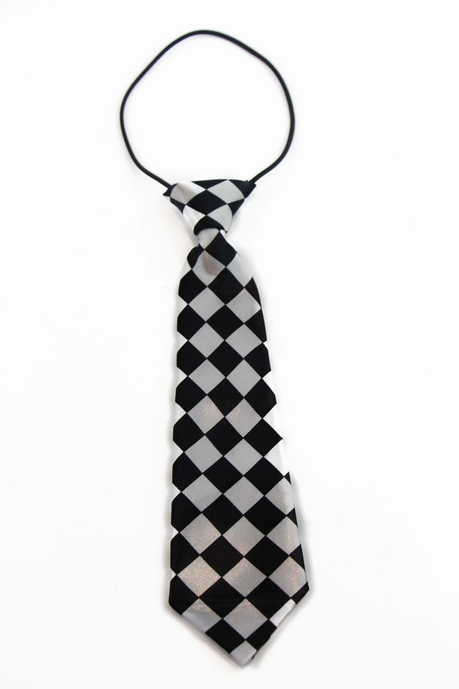 Kids Boys Black & White Patterned Elastic Neck Tie - Big Checkers