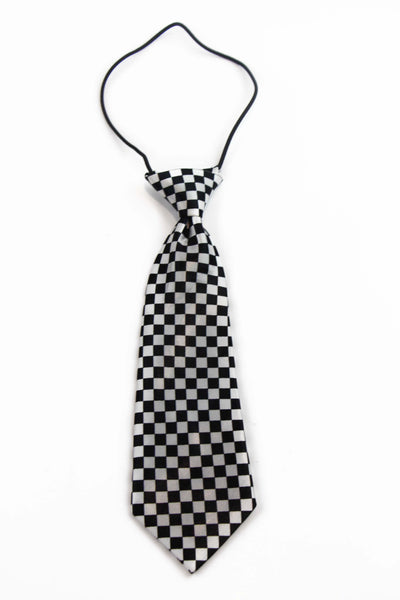 Kids Boys Black & White Patterned Elastic Neck Tie - Mini Checkers