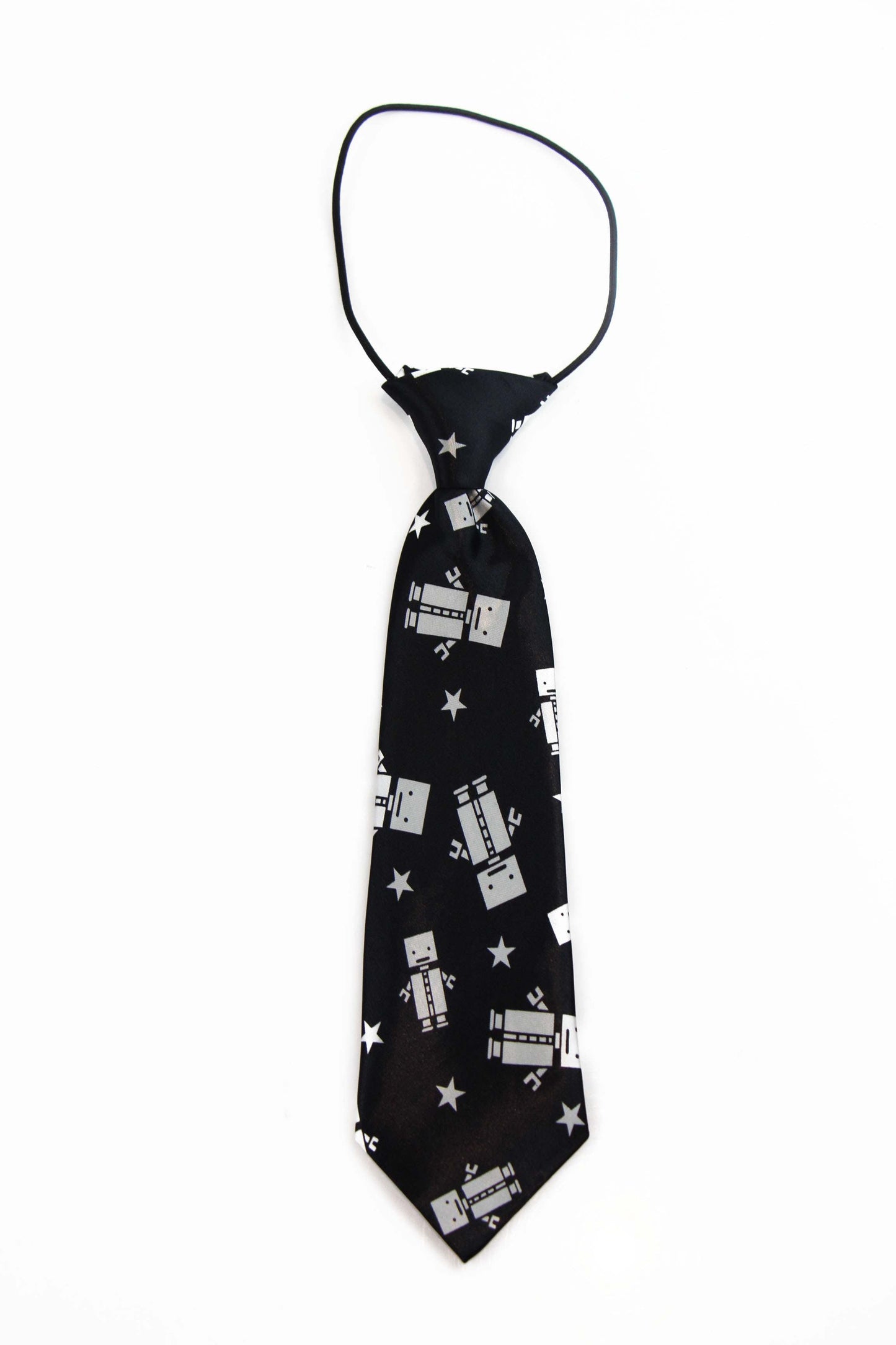 Kids Boys Black & White Patterned Elastic Neck Tie - Robot