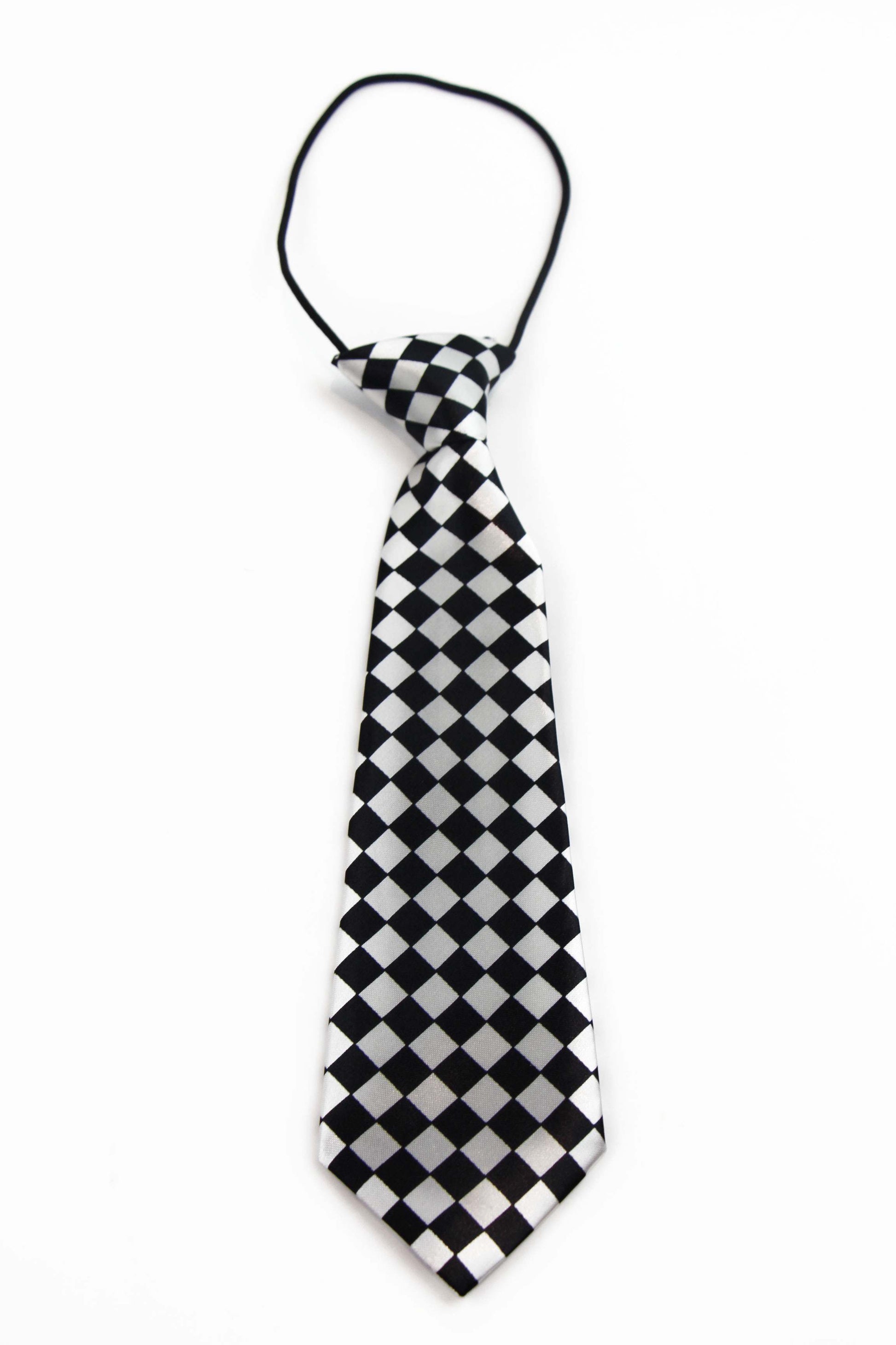 Kids Boys Black & White Patterned Elastic Neck Tie - Small Checkers