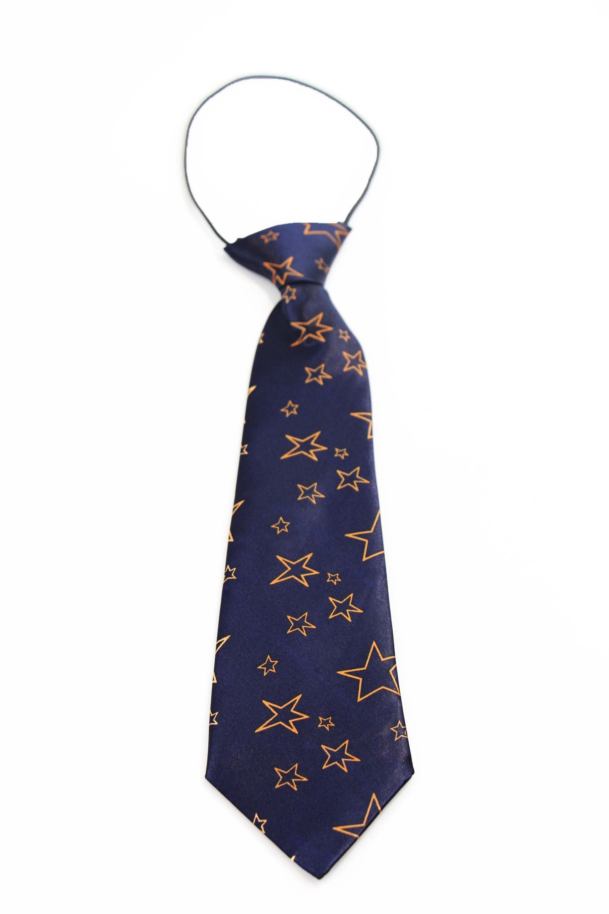 Kids Boys Navy & Orange Patterned Elastic Neck Tie - Star Outlines