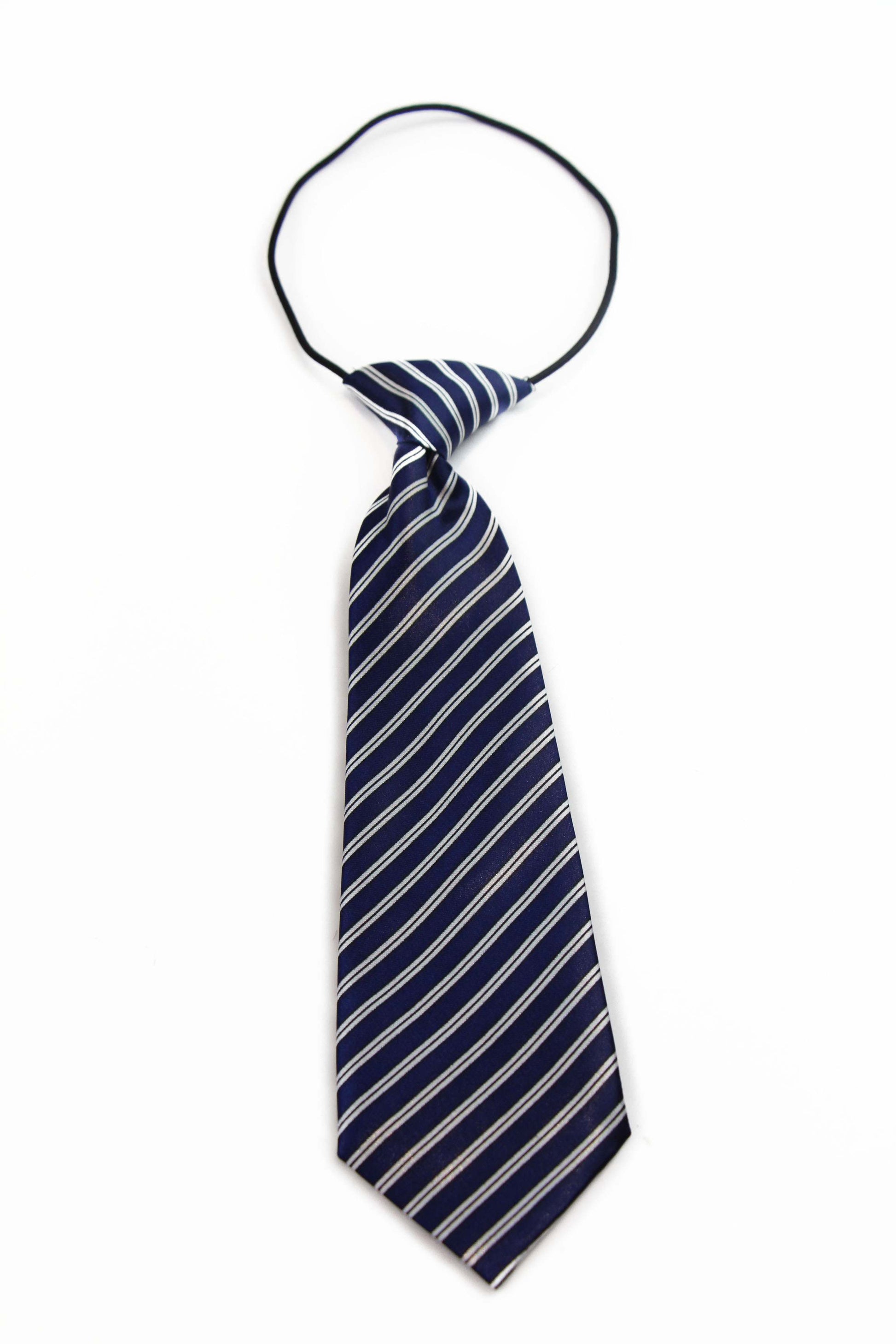 Kids Boys Navy Patterned Elastic Neck Tie -White Diagonal Stripe