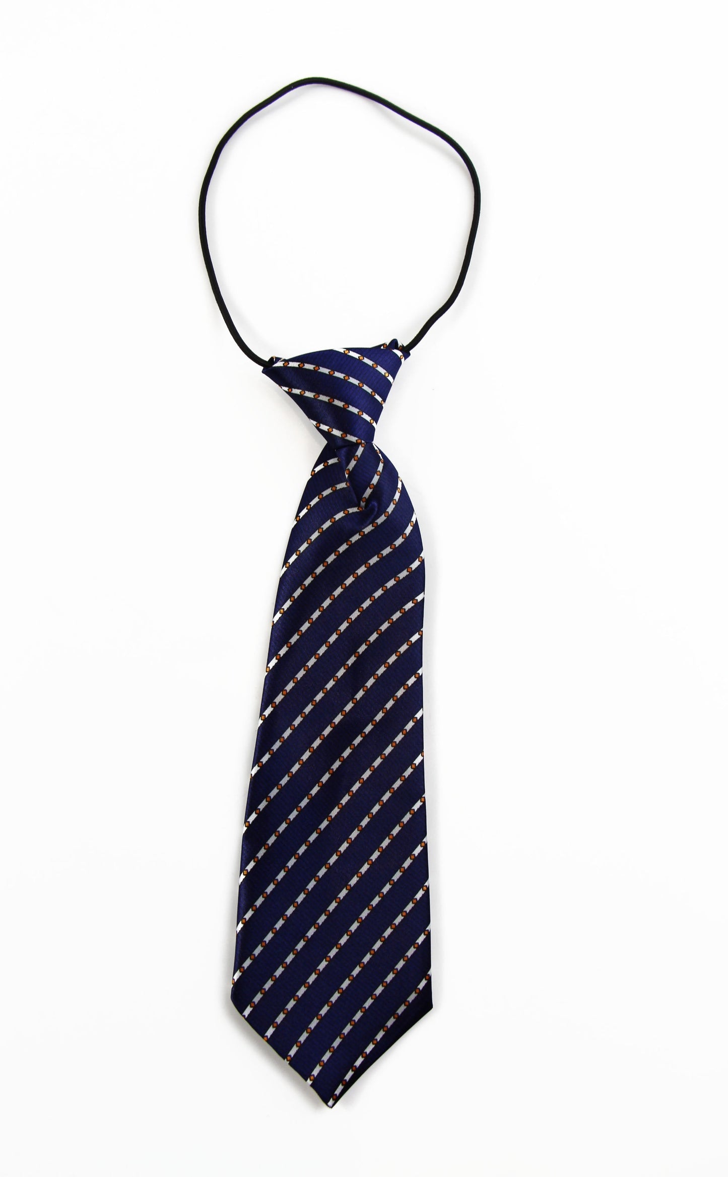 Kids Boys Navy & White Diagonal Patterned Elastic Neck Tie - Orange Black Diamonds