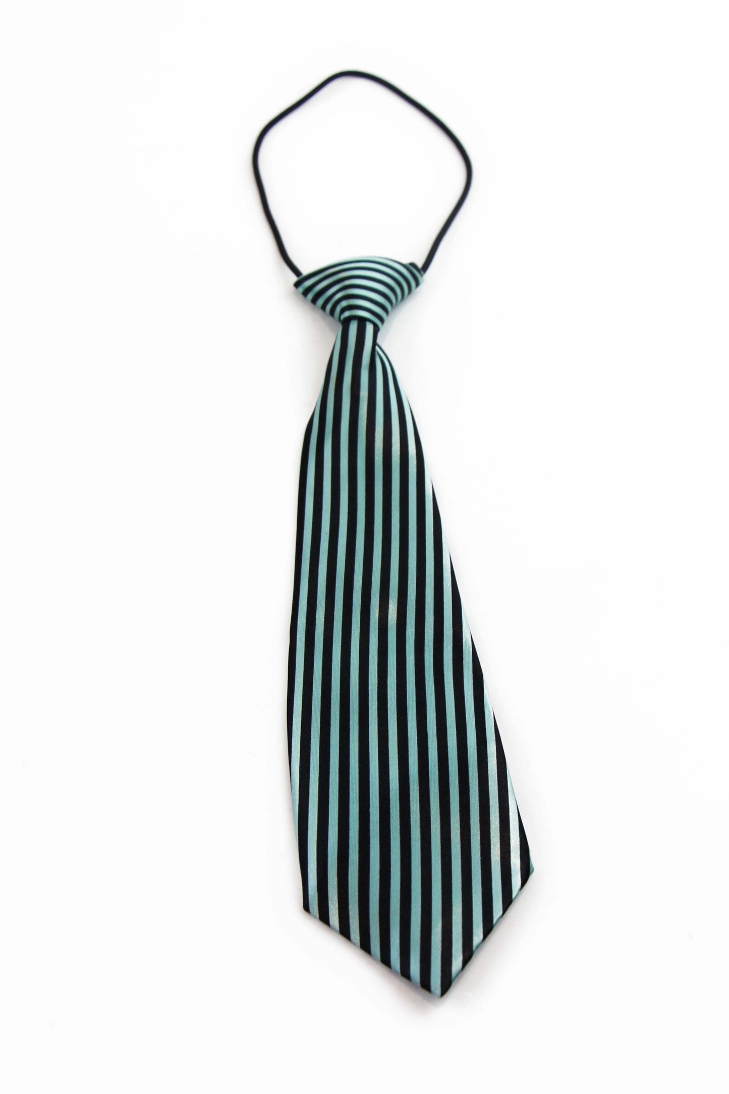 Kids Boys Turquoise & Black Patterned Elastic Neck Tie - Thin Diagonal Stripe