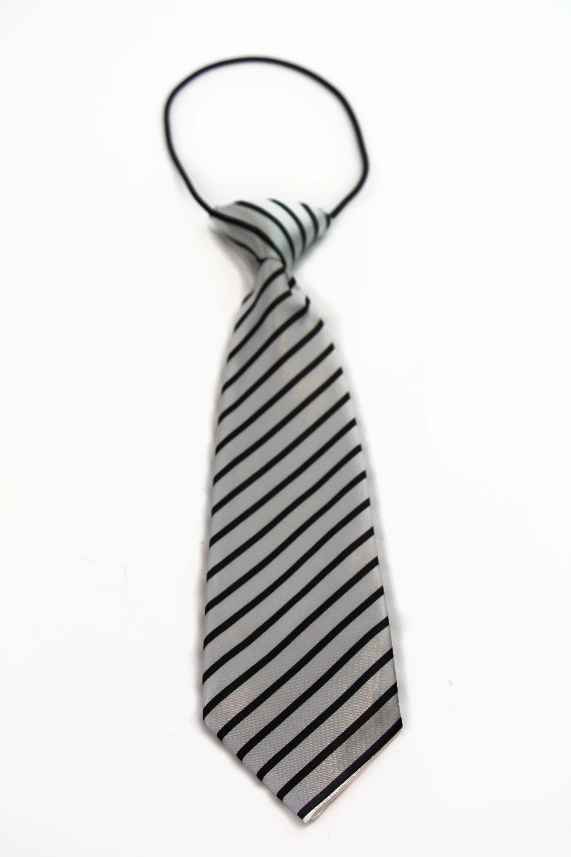 Kids Boys White & Black Patterned Elastic Neck Tie - White Diagonal Stripe