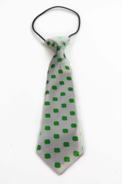 Kids Boys White & Green Patterned Elastic Neck Tie - Four Leaf Clover