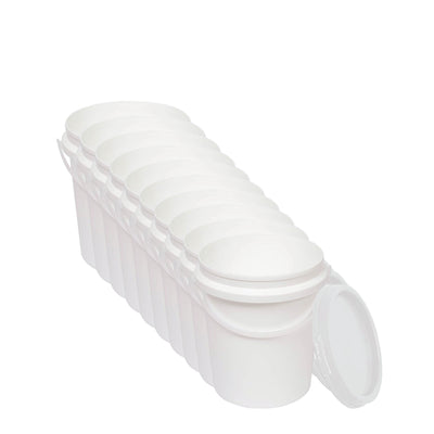 Kitchee 10x 1.2L Plastic Buckets + Lids - Empty Food Grade Tub Handle White