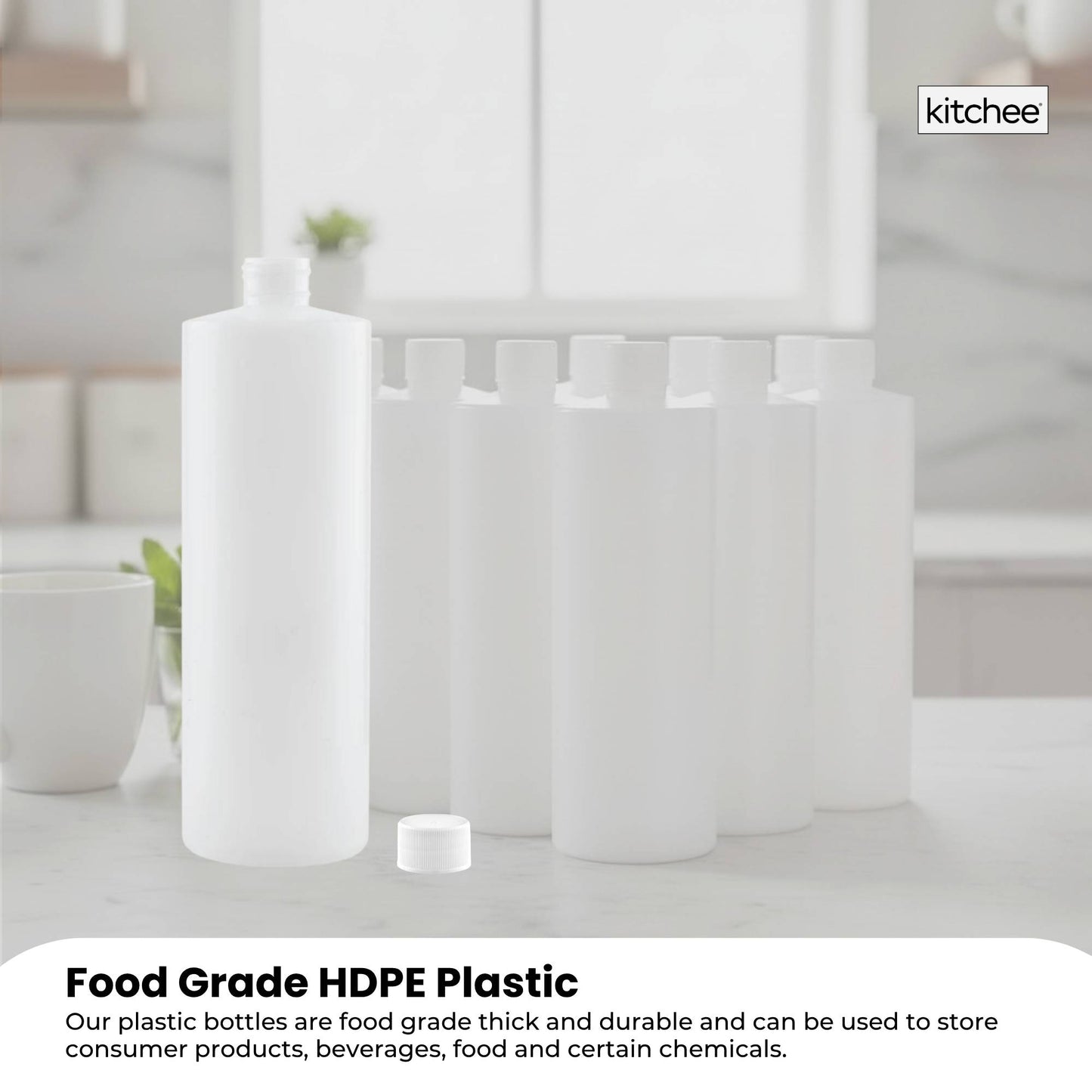 Kitchee 10x 250ml Natural HDPE Round Bottle + 28/410 Caps - Empty Plastic Food Storage