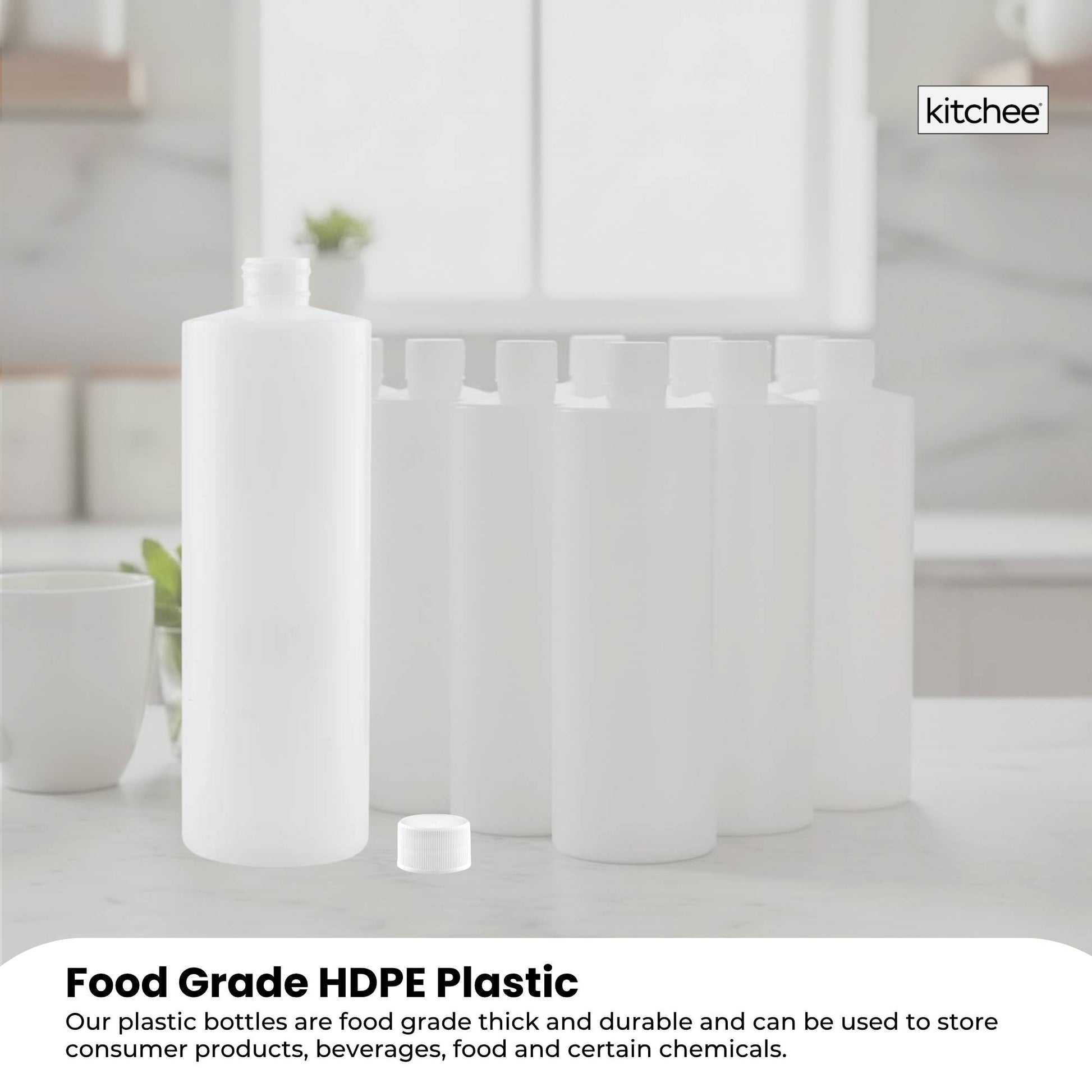 Kitchee 1x 500ml Ntural HDPE Round Bottle + 28/410 Caps - Empty Plastic Food Storage