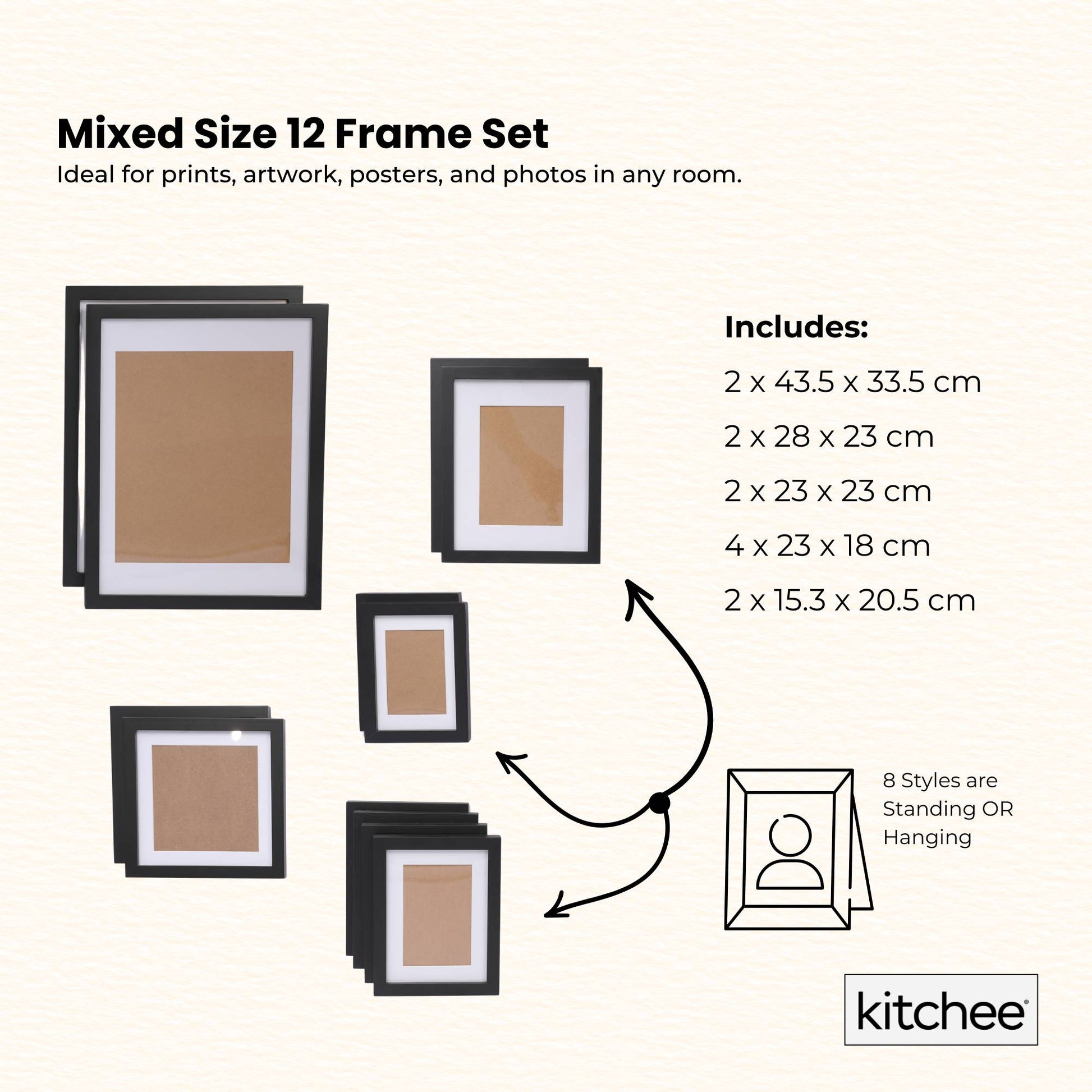 Kitchee 12 Pieces Photo Frame Set - Modern Gallery Wall Mixed Sizes Matt Black
