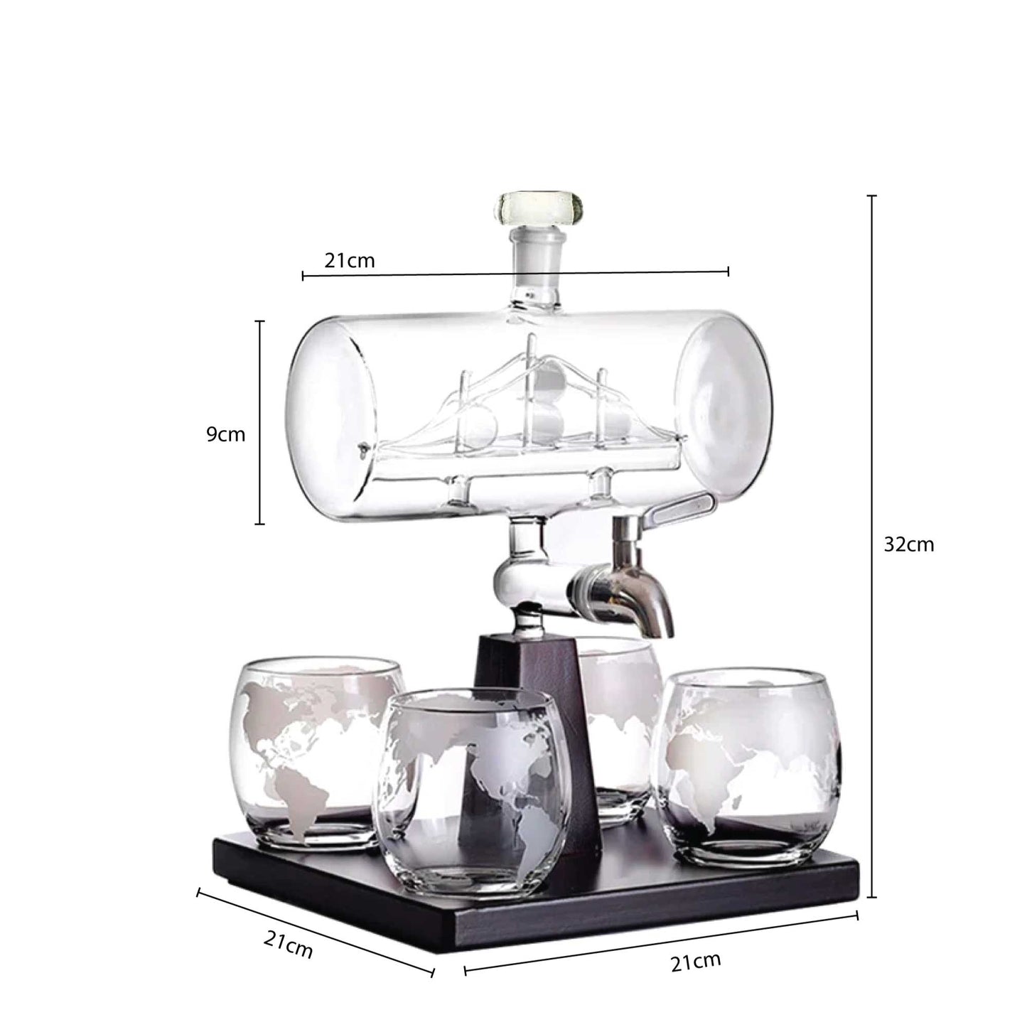 Kitchee 1L Whiskey or Wine Sailboat Glass Decanter Set - 4 Glasses + Stand