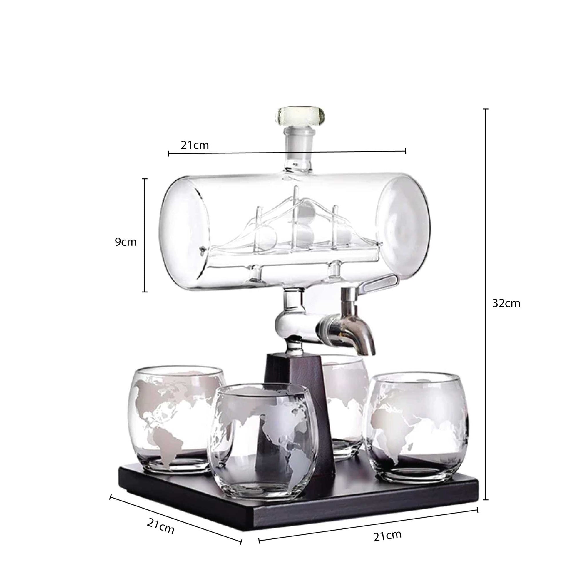 Kitchee 1L Whiskey or Wine Sailboat Glass Decanter Set - 4 Glasses + Stand