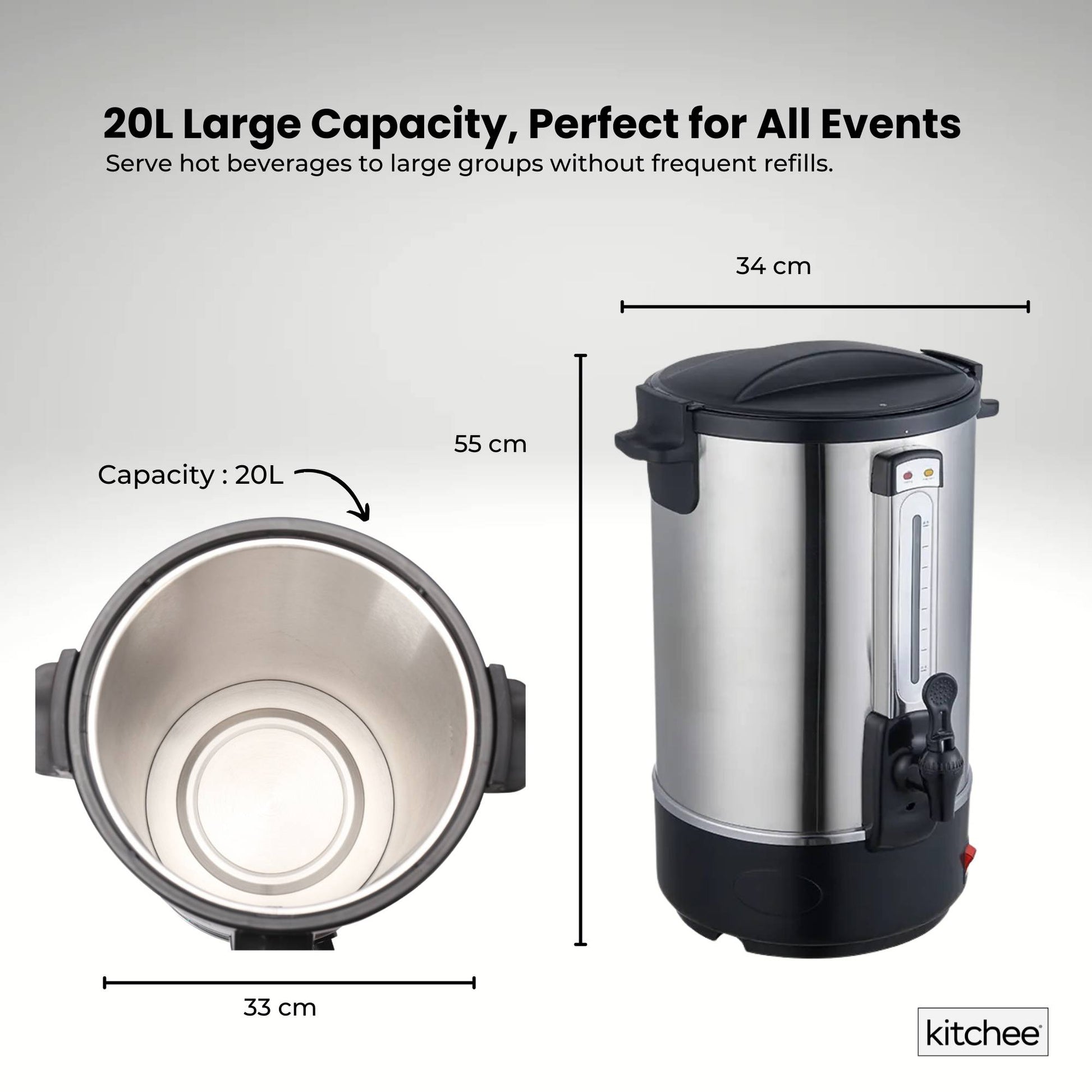 Kitchee 20L Electric Water Boiler - Stainless Steel Commercial Hot Liquid Urn