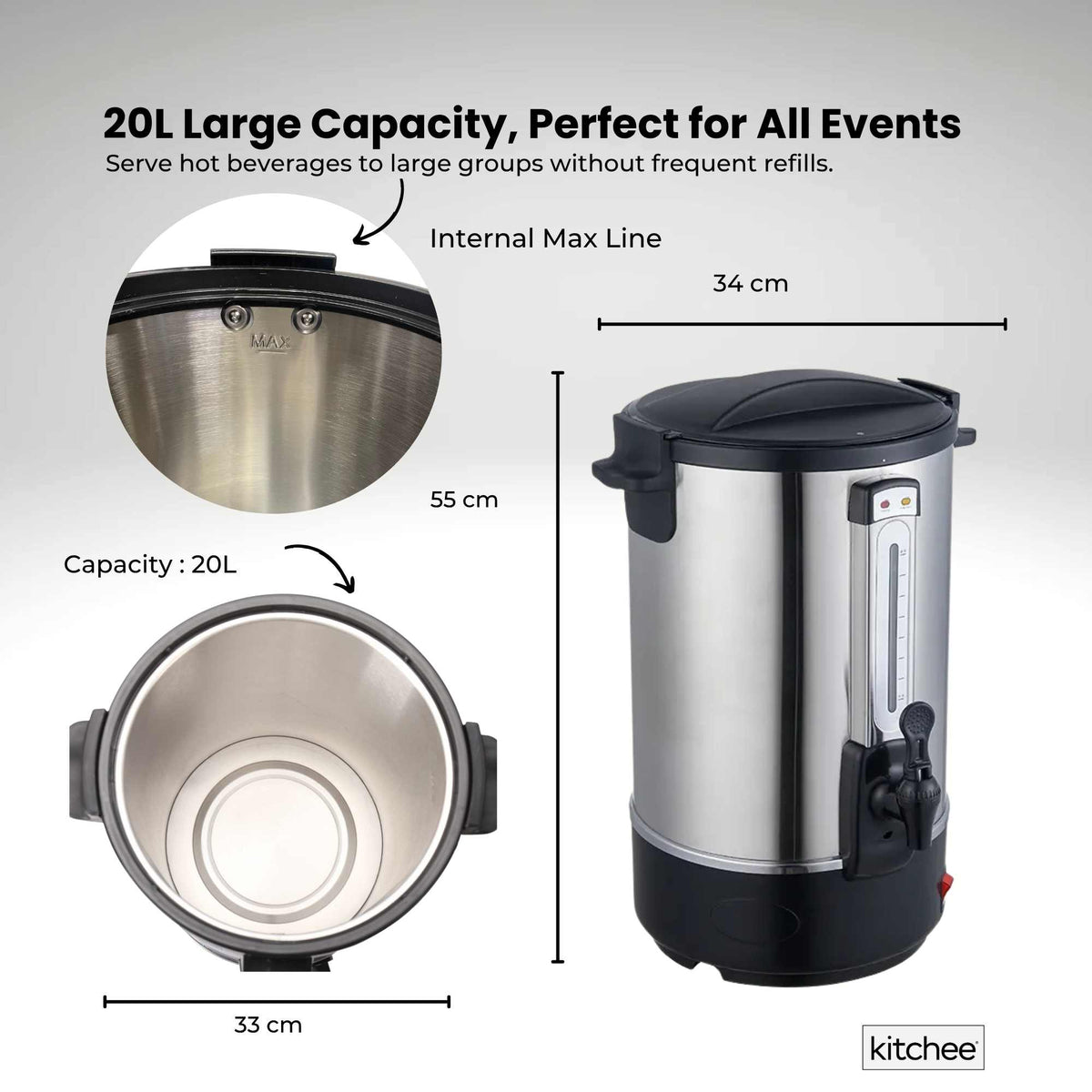 Kitchee 20L Electric Water Boiler Stainless Steel Commercial Urn