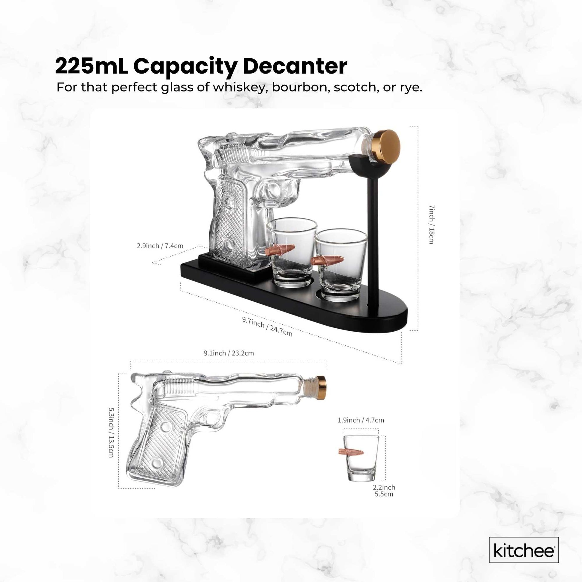 Kitchee 225mL Whisky or Wine Decanter Glass Pistol Set - 2 Glasses + Stand