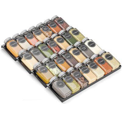 Kitchee 32 Jar Spice Drawer Organiser Insert 4 Tier Kitchen Rack and Labels