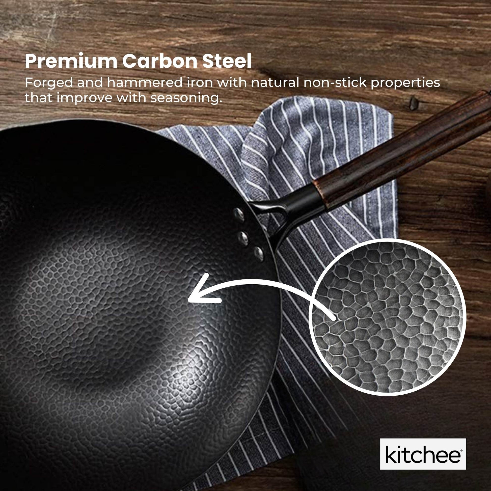 Kitchee 32cm Induction Wok Carbon Steel Flat Bottom with Lid + Spatula Set