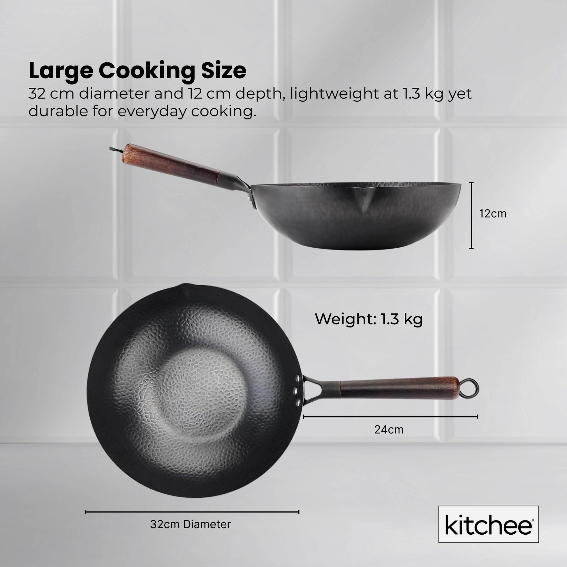 Kitchee 32cm Induction Wok Carbon Steel Flat Bottom with Lid + Spatula Set