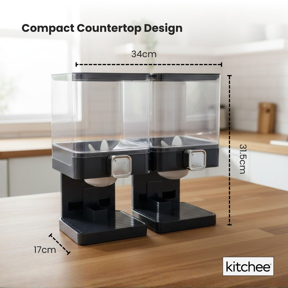 Kitchee 3.7L Double Cereal Dispenser Countertop Rice or Grain Storage Black