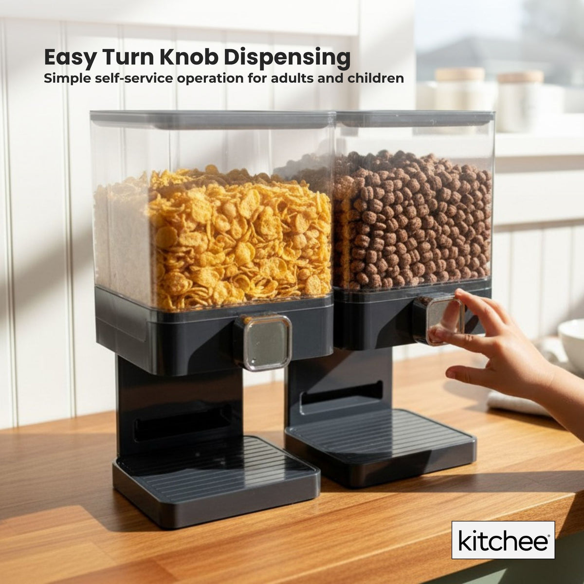 Kitchee 3.7L Double Cereal Dispenser Countertop Rice or Grain Storage Black
