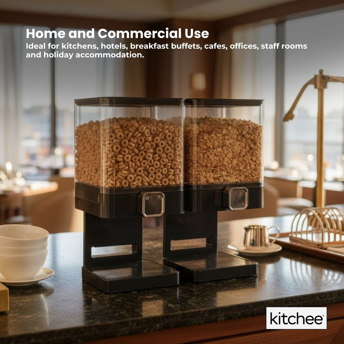 Kitchee 3.7L Double Cereal Dispenser Countertop Rice or Grain Storage Black