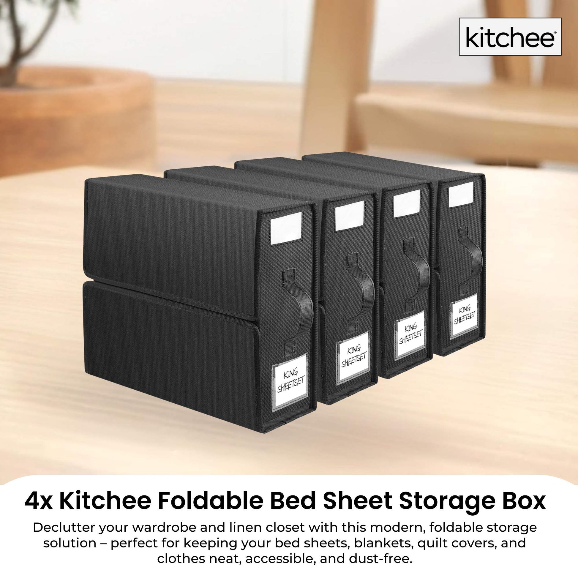 Kitchee 4x Foldable Bed Sheet Storage Box - Linen + Closet Organiser Black