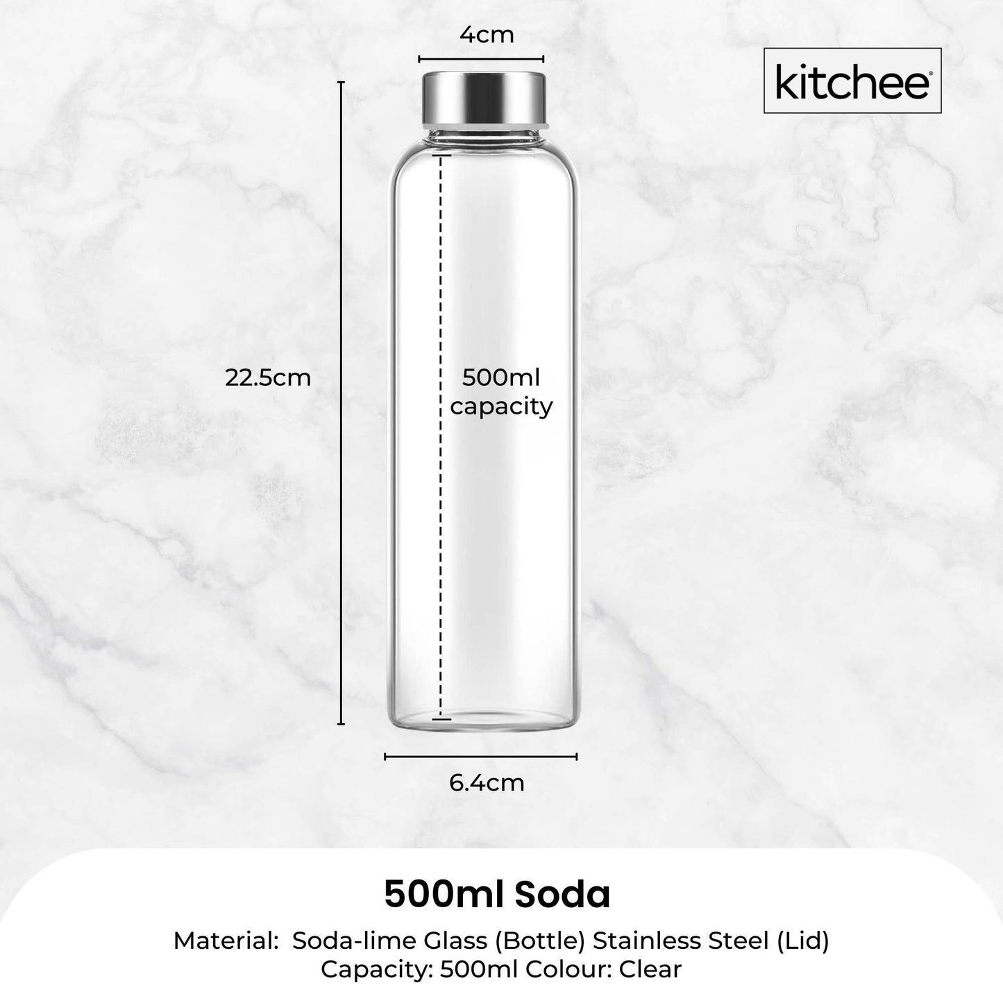 Kitchee 500ml Glass Water Drink Bottle with Stainless Steel Lid - Set of 6