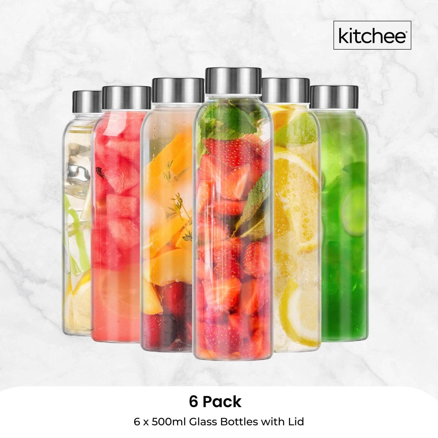 Kitchee 500ml Glass Water Drink Bottle with Stainless Steel Lid - Set of 6