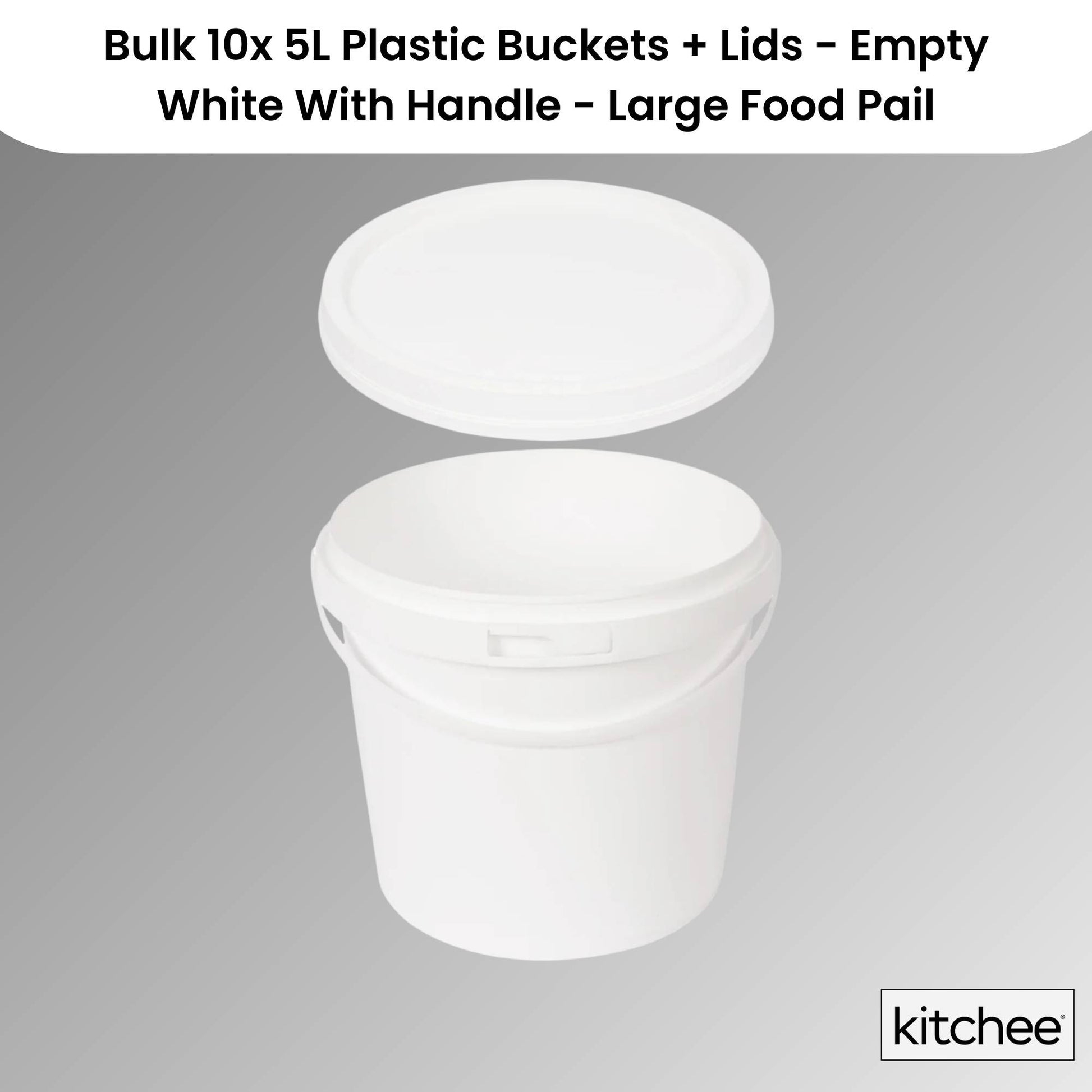 Kitchee Bulk 10x 5L Plastic Buckets + Lids - Empty White With Handle Large Pail