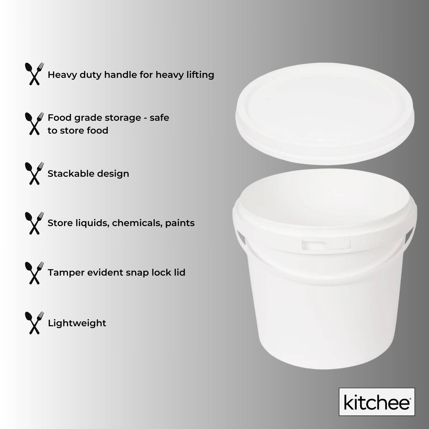 Kitchee Bulk 10x 5L Plastic Buckets + Lids - Empty White With Handle Large Pail