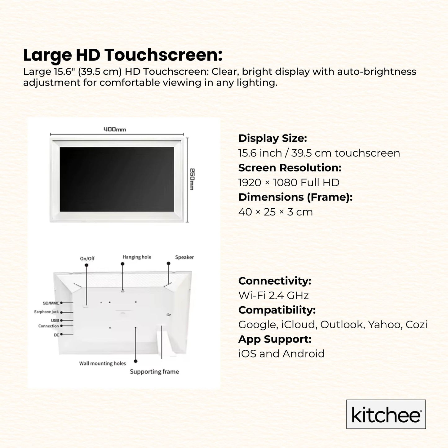 Kitchee Digital Calendar Smart Family Planner - 39.5cm Touchscreen Display White