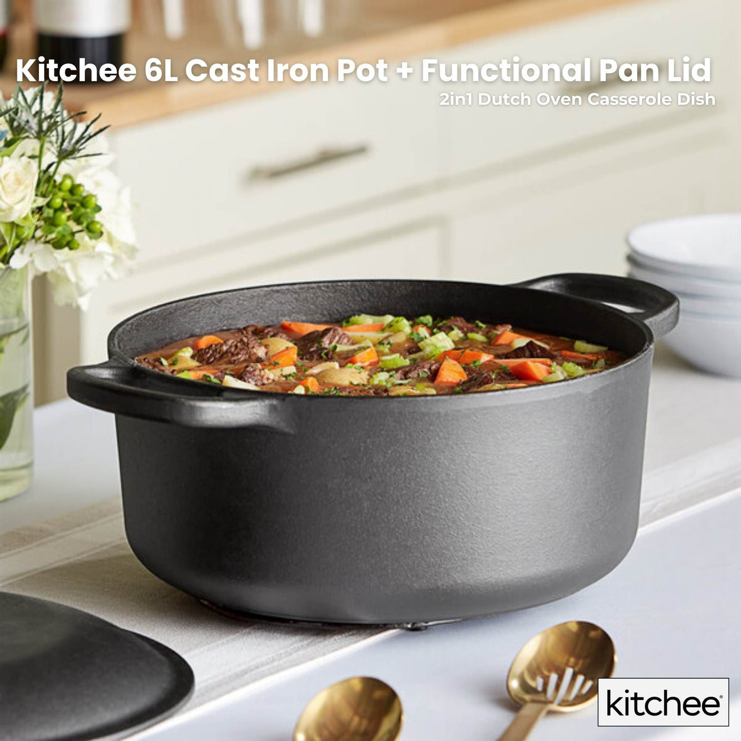 Kitchee 6L Cast Iron Pot + Functional Pan Lid - 2in1 Dutch Oven Casserole Dish