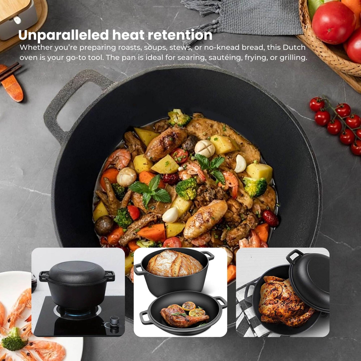 Kitchee 6L Cast Iron Pot + Functional Pan Lid - 2in1 Dutch Oven Casserole Dish