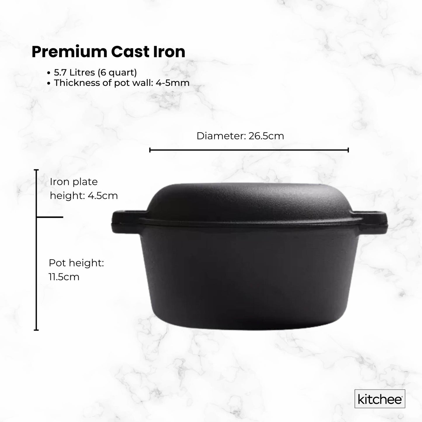 Kitchee 6L Cast Iron Pot + Functional Pan Lid - 2in1 Dutch Oven Casserole Dish