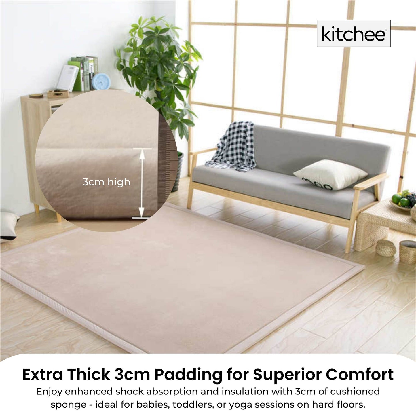 Kitchee Foam Floor Mat 200x200cm - Padded Thick Soft Tatami Style Rug Cream