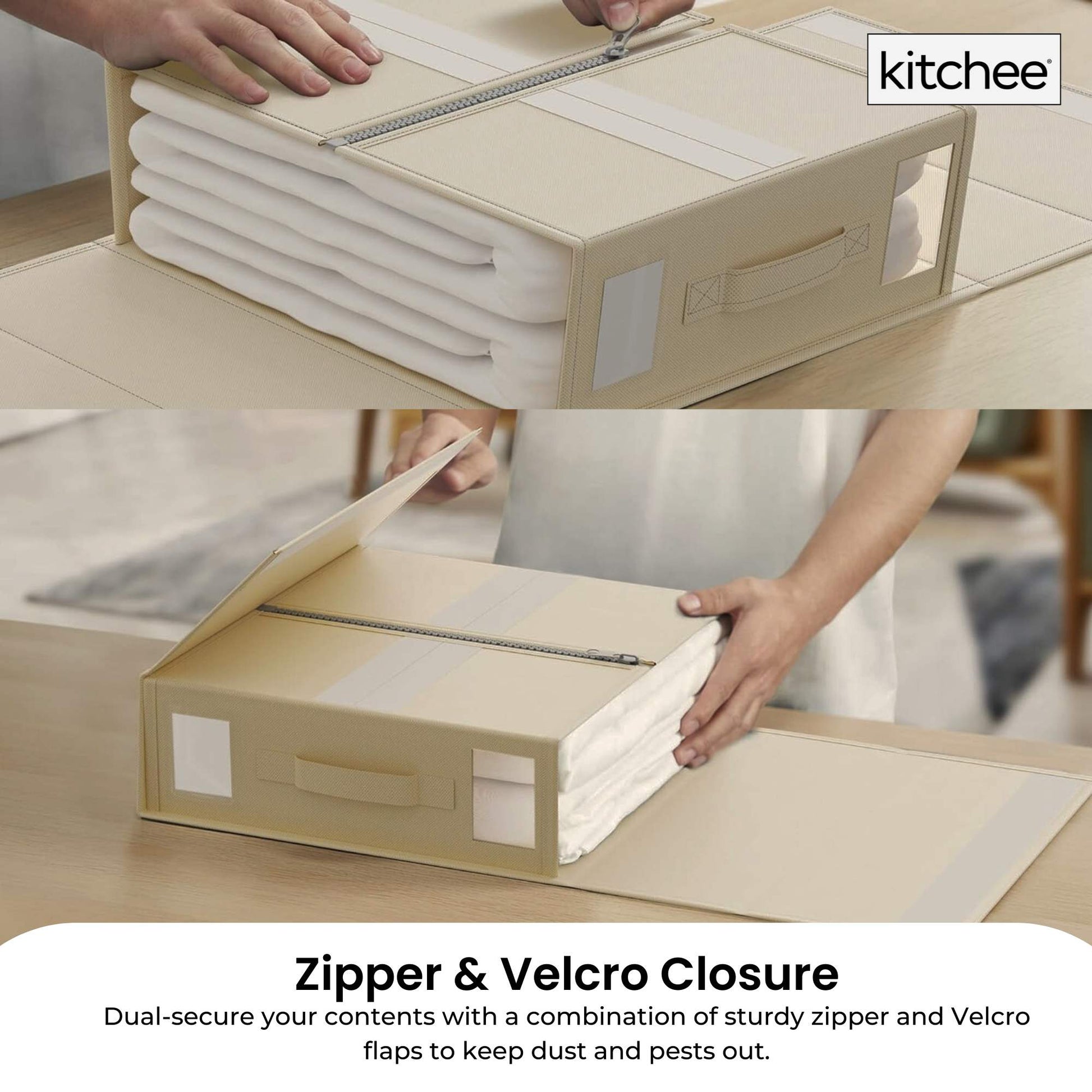 Kitchee Foldable Bed Sheet Storage Boxes - Linen Blanket and Closet Organiser Beige