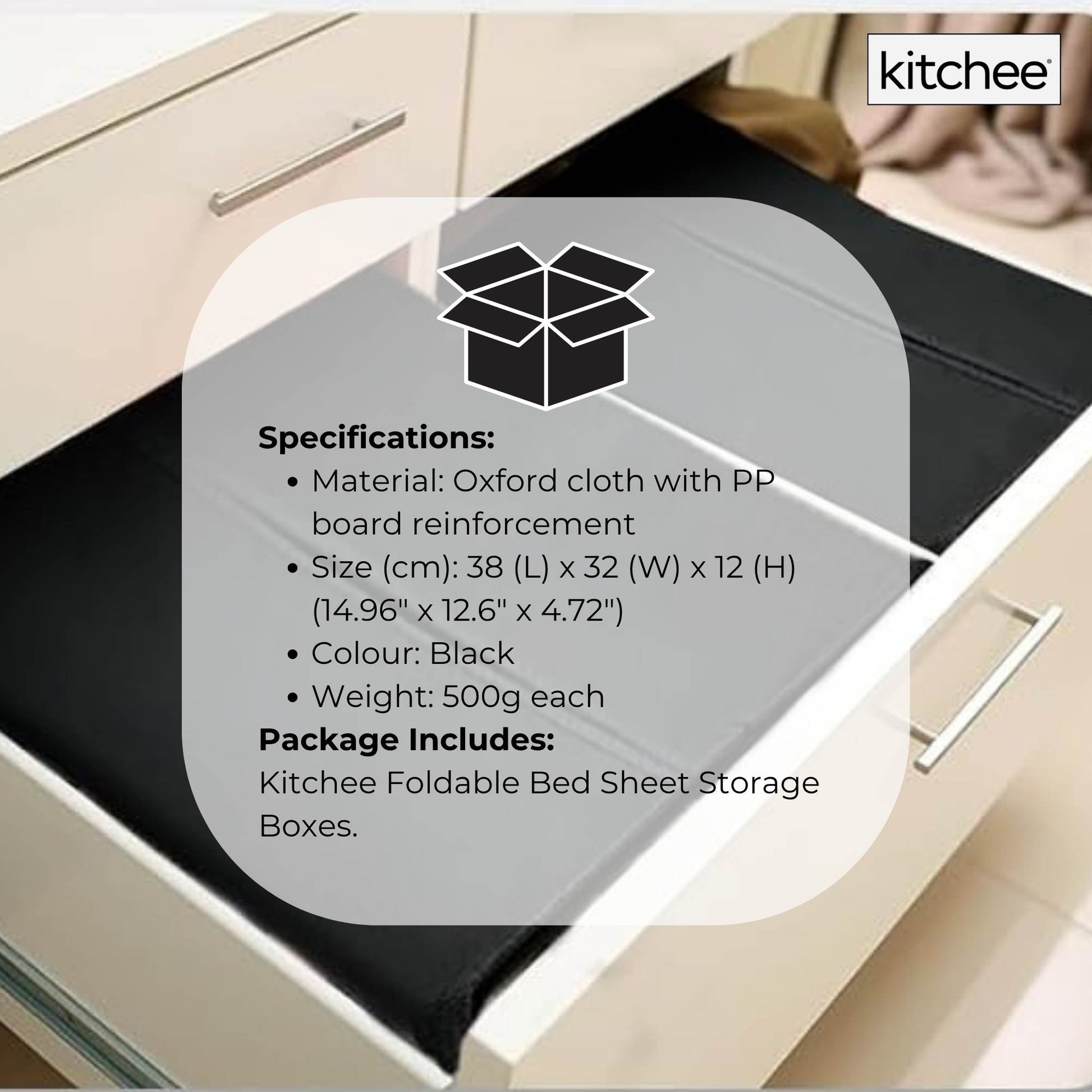 Kitchee Foldable Bed Sheet Storage Boxes - Linen Blanket and Closet Organiser Black