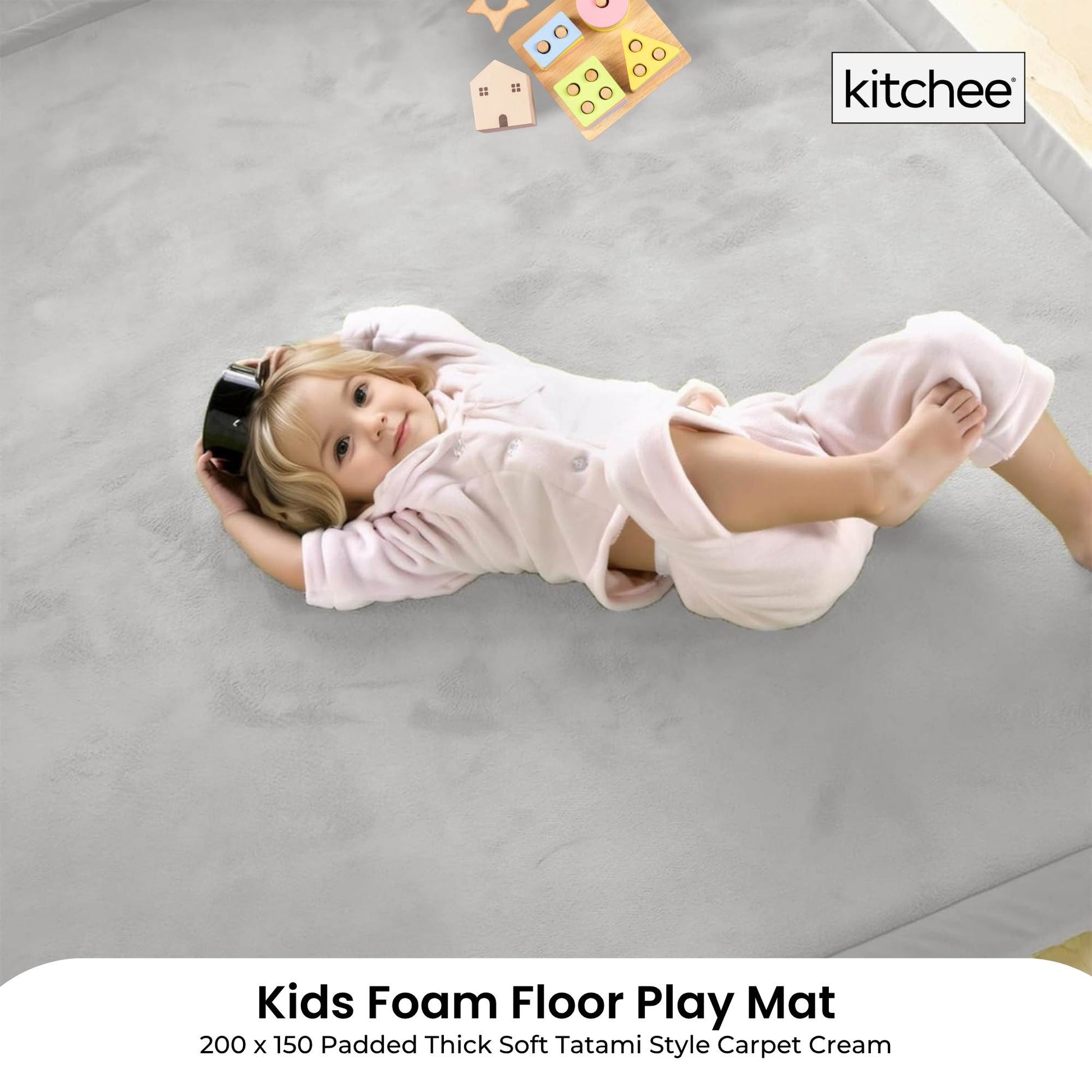 Kitchee Kids Foam Floor Play Mat 150x200cm – Padded Thick Soft Tatami Style Grey