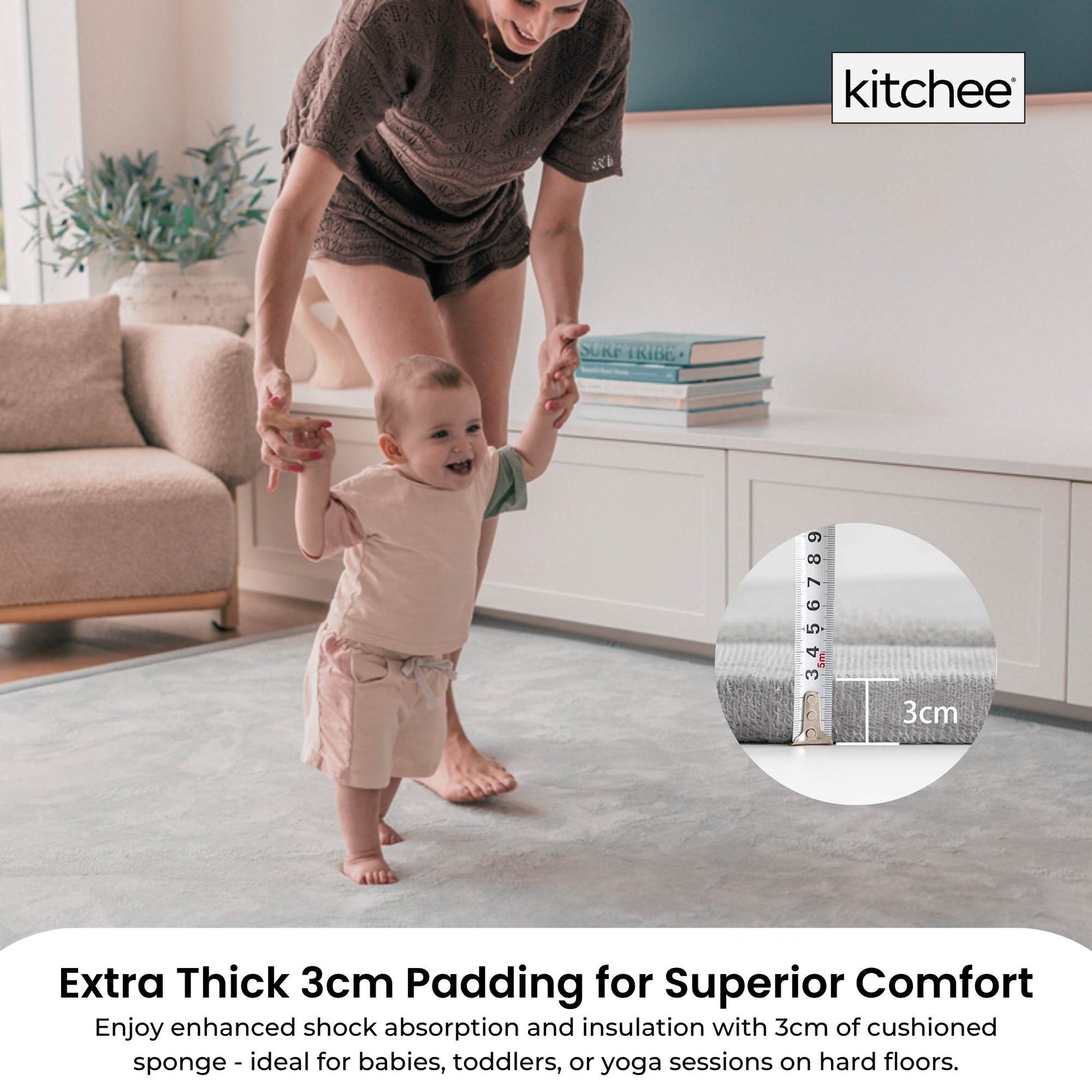 Kitchee Kids Foam Floor Play Mat – Padded Thick Soft Tatami Style Carpet Grey