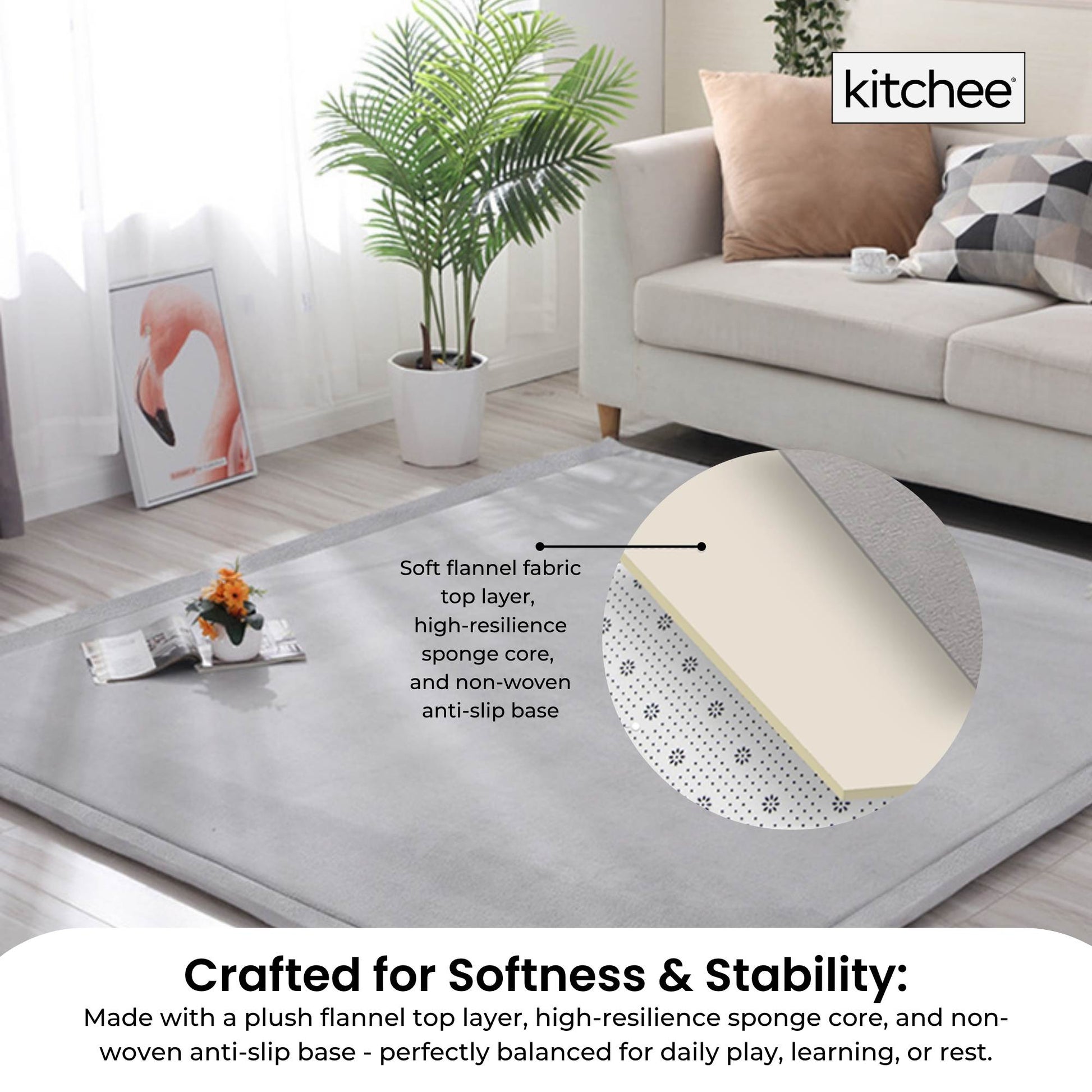 Kitchee Kids Foam Floor Play Mat – Padded Thick Soft Tatami Style Carpet Grey