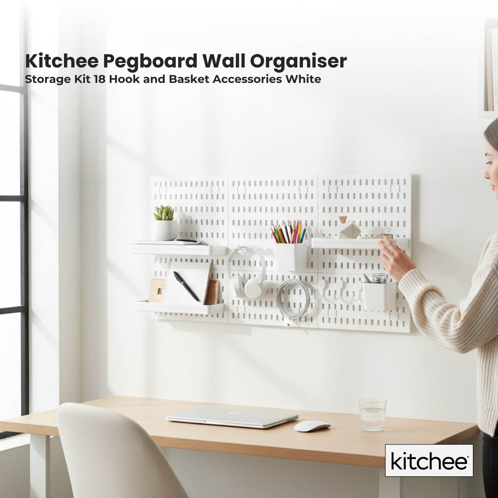 Kitchee Pegboard Wall Organiser Storage Kit 18 Hook and Basket Accessories White