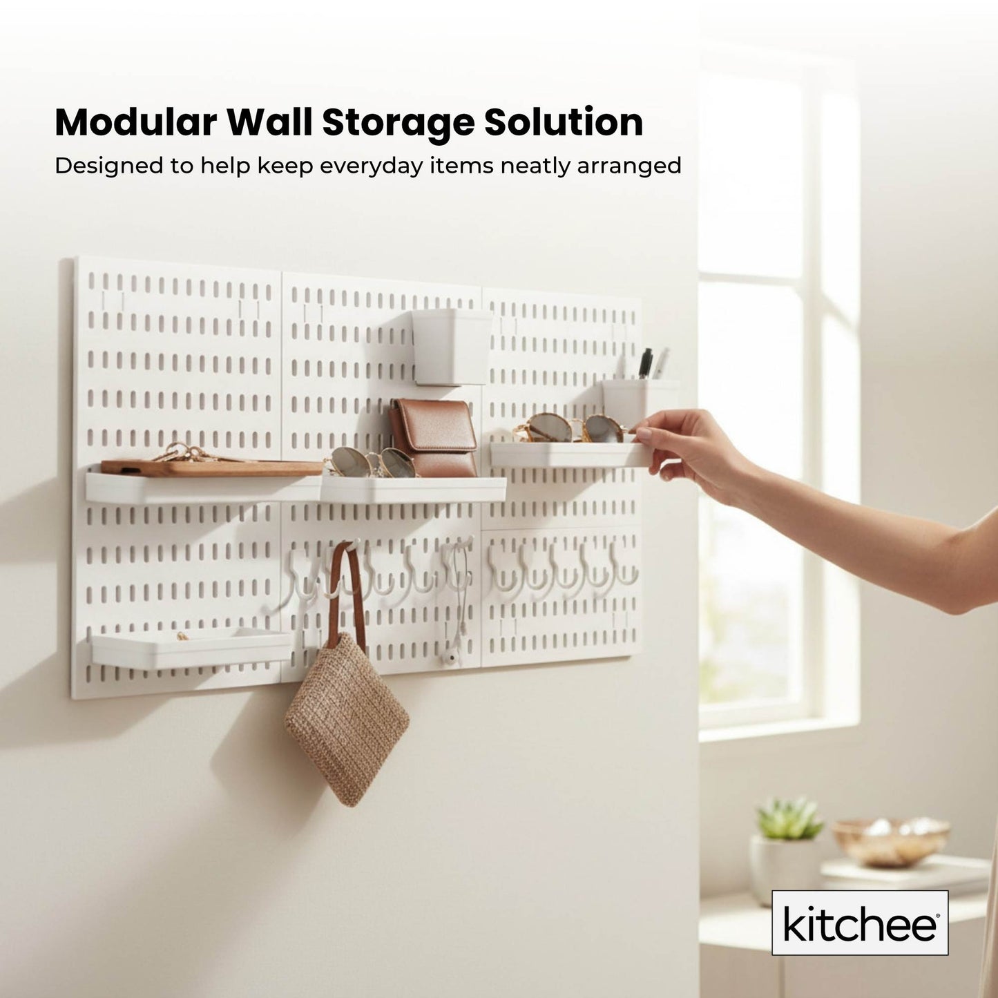 Kitchee Pegboard Wall Organiser Storage Kit 18 Hook and Basket Accessories White