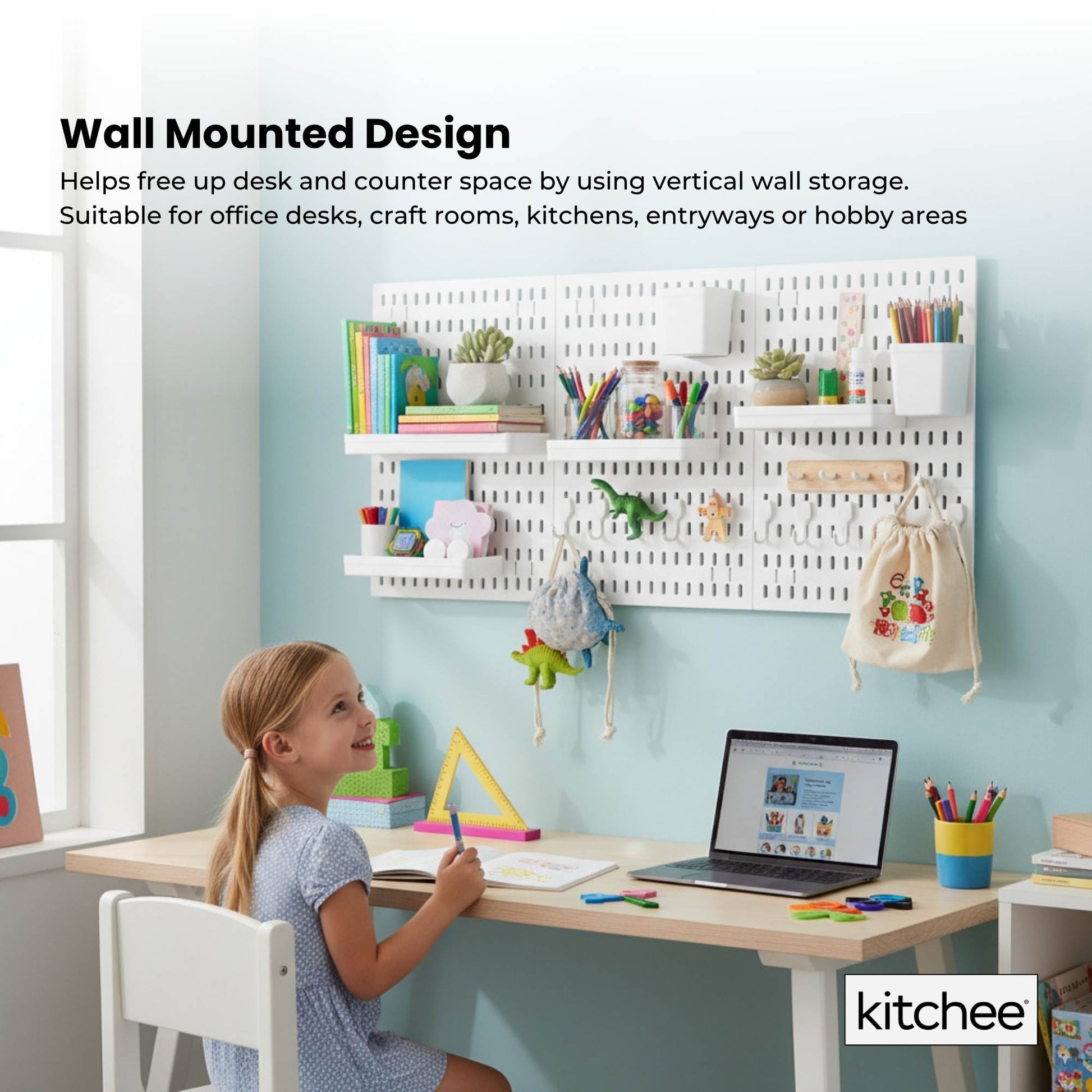 Kitchee Pegboard Wall Organiser Storage Kit 18 with Hooks and Baskets White