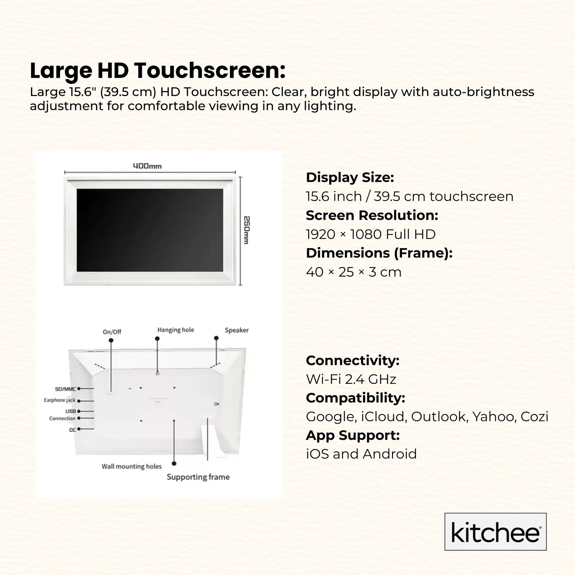 Kitchee Smart Digital Family Calendar Planner - 39.5cm Touchscreen Display White