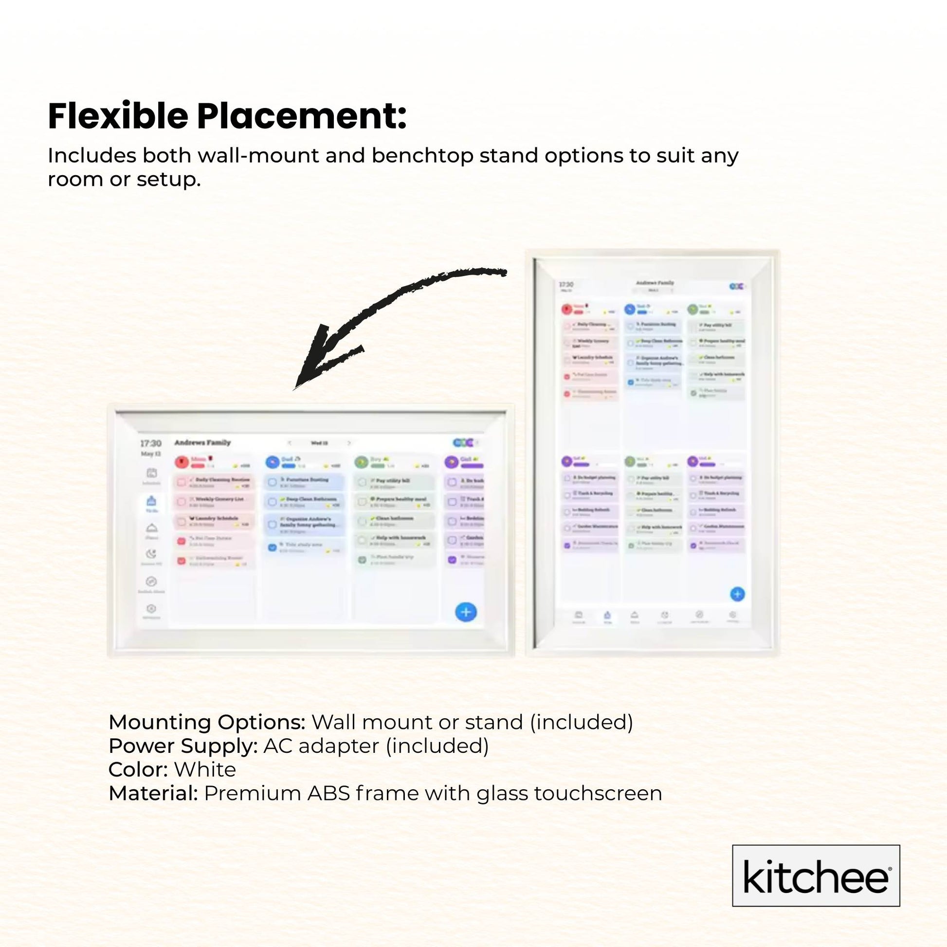 Kitchee Smart Digital Family Calendar Planner - 39.5cm Touchscreen Display White