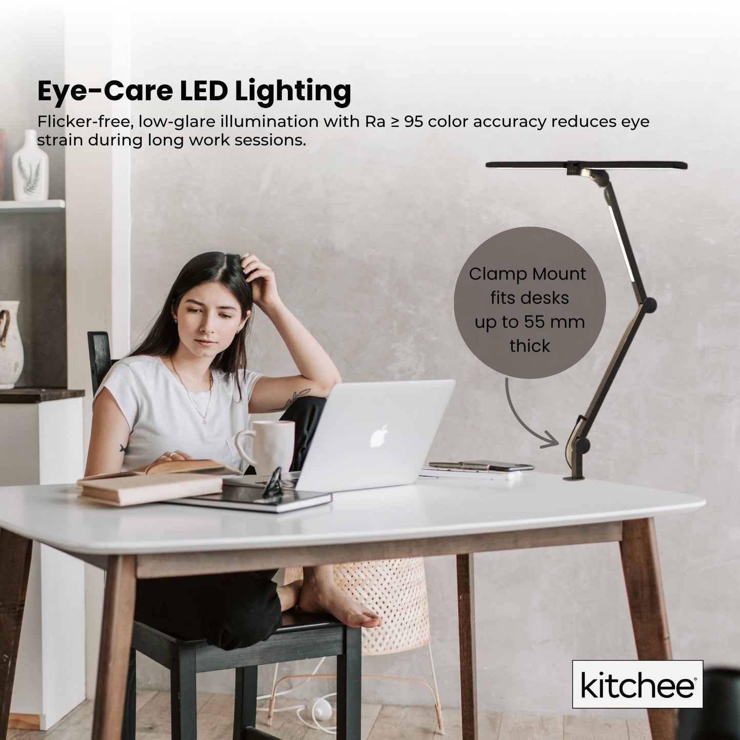 Kitchee Tri-Fold LED Desk Lamp with Clamp - Swinging Arm Eye-Care Dimmable Light