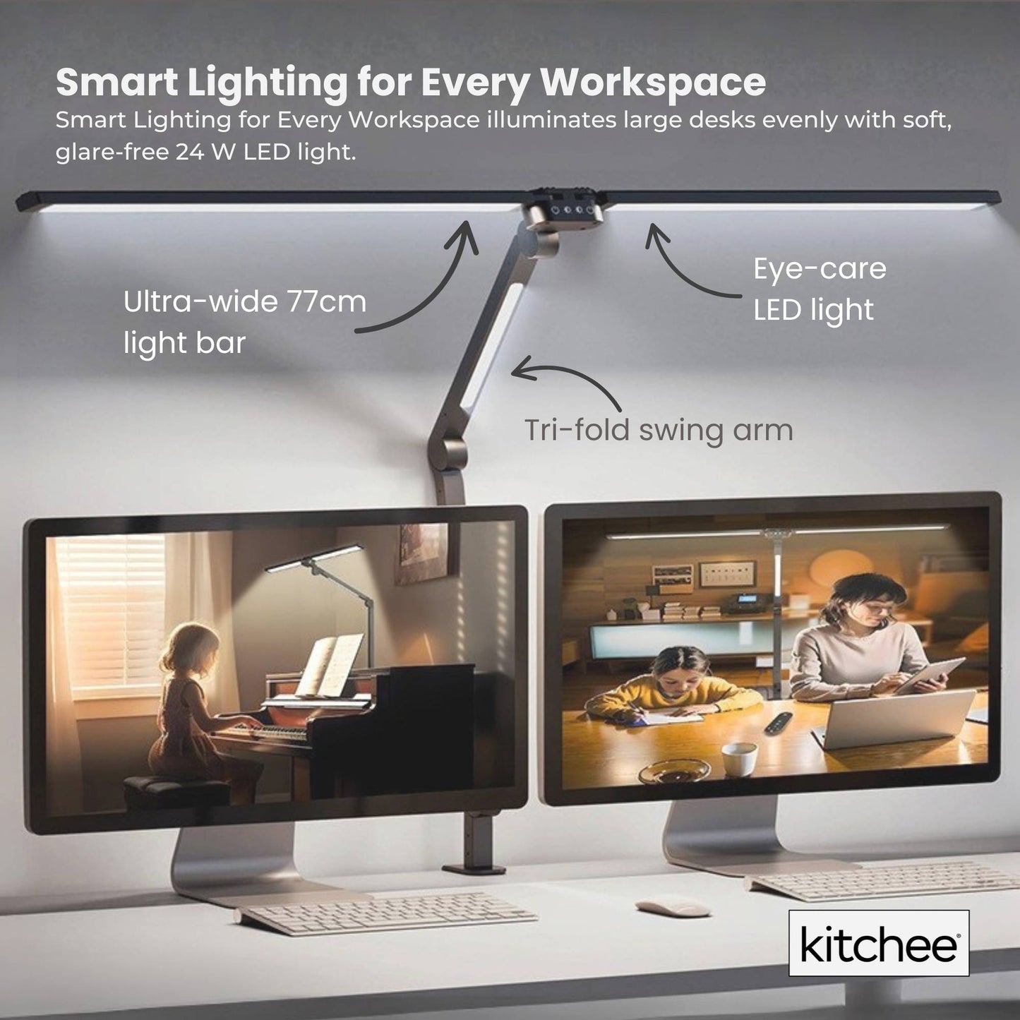 Kitchee Tri-Fold LED Desk Lamp with Clamp - Swinging Arm Eye-Care Dimmable Light